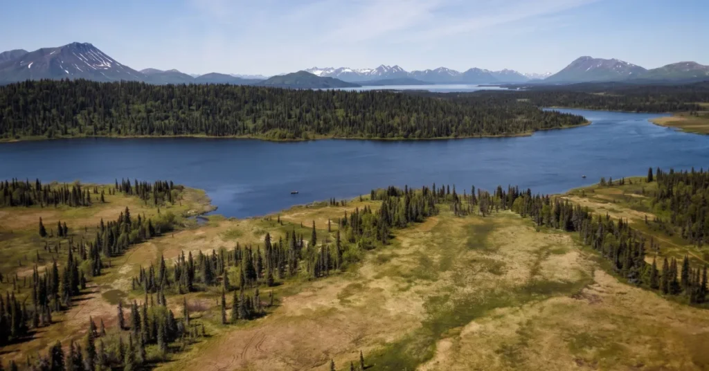 Aerial view of pristine river systems and wetland salmon habitat in the Bristol Bay watershed Alaska