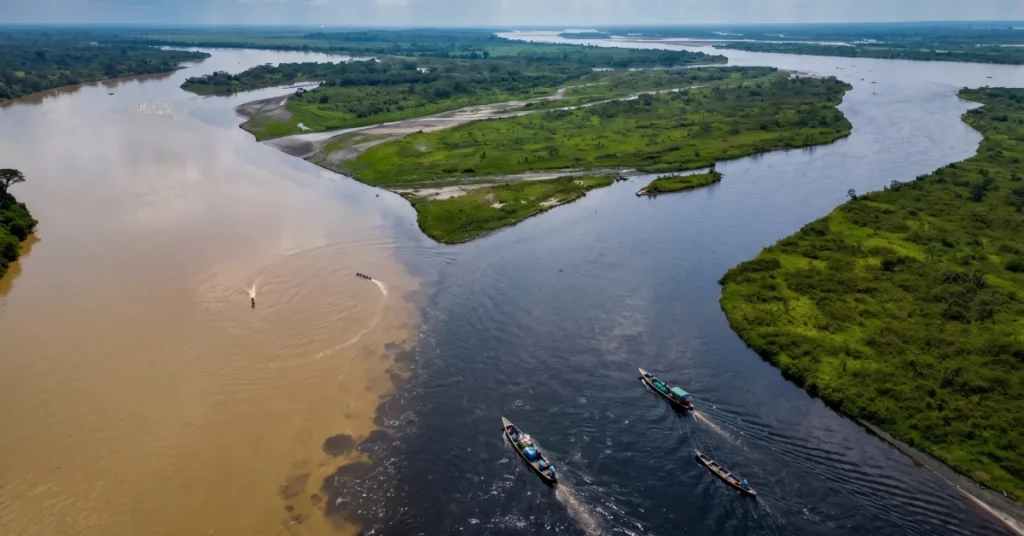 Aerial view of the Magdalena River and wetlands with local fishing boats in Colombia
