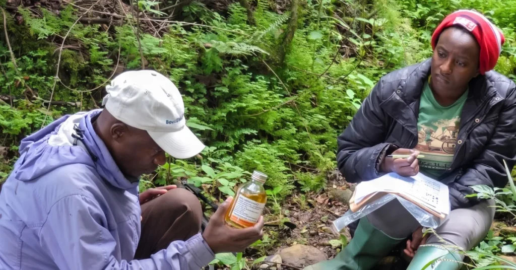 Dr. Marina Kameni and a field researcher testing water samples and recording ecological data near a forest stream.
