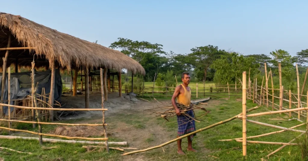 Jadav Payeng carrying branches across a fenced homestead and thatched shelter in the Brahmaputra floodplain