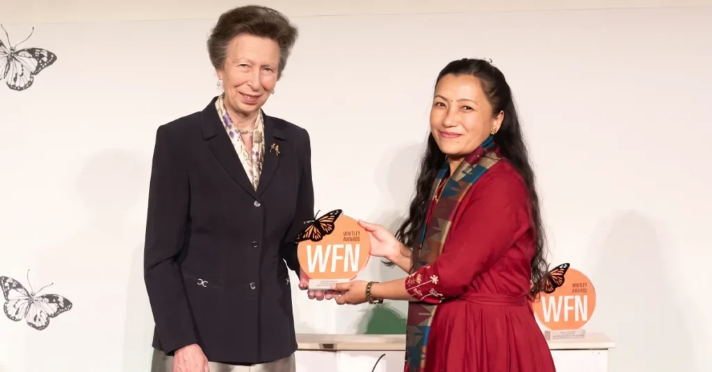 Dr Barkha Subba receiving the 2026 Whitley Award for nature conservation from Princess Anne in London