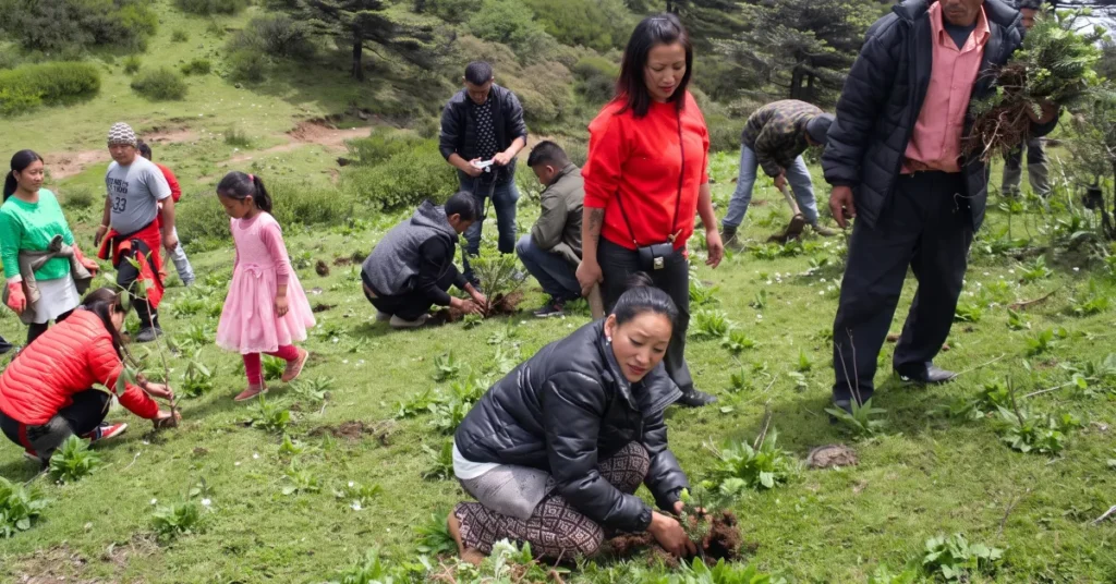 Local community members and volunteers planting native saplings for wetland habitat restoration in Darjeeling