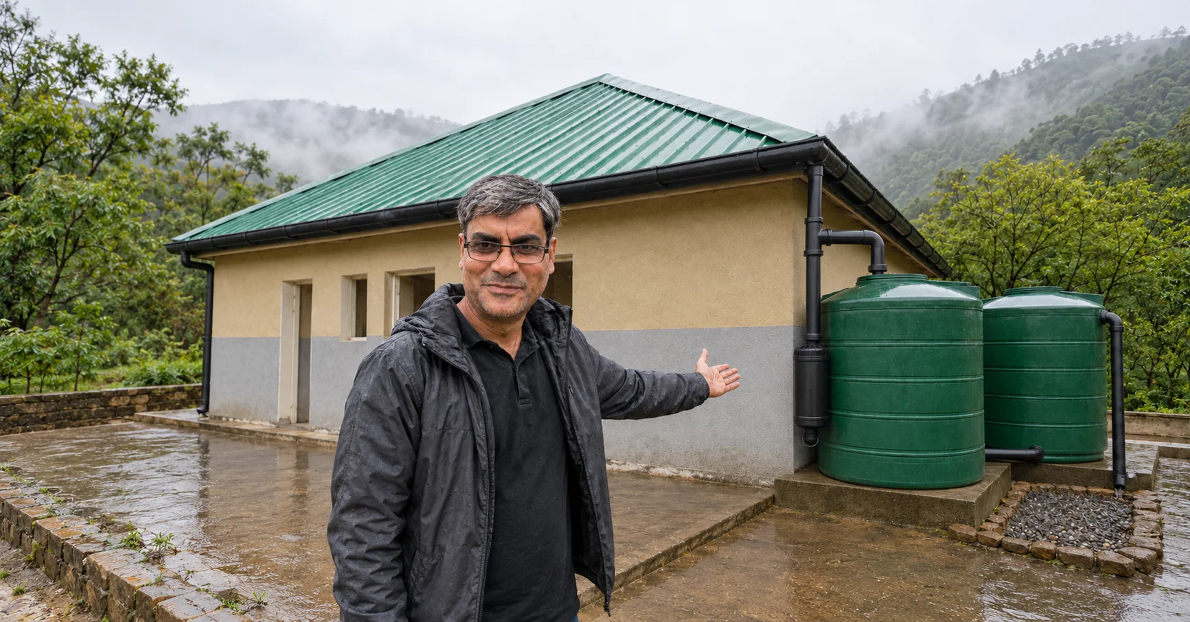 Teacher Usman presenting a rooftop rainwater harvesting system with connected water-storage tanks in Pakistan